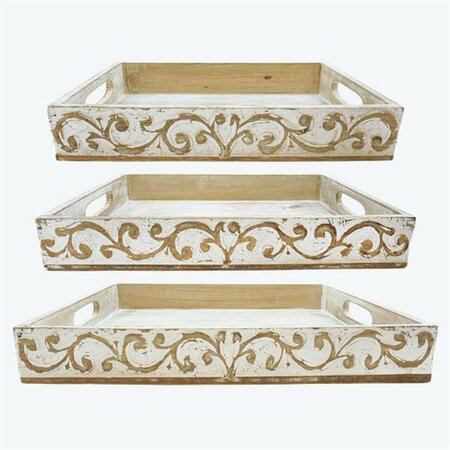 YOUNGS Wood Carved Serving Tray - Set of 3 11465